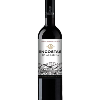 Garrafa de vinho tinto Encostas da Arrábida com rótulo ilustrado e cápsula preta