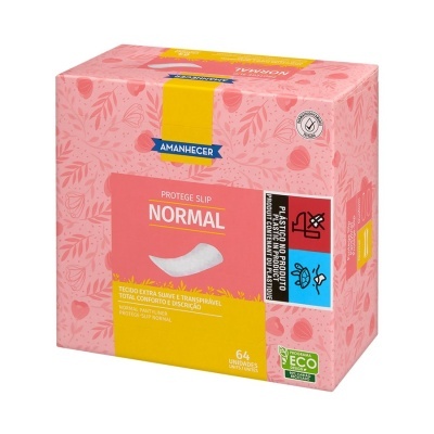 Embalagem rosa e amarela de protetor diário Amanhecer Protege Slip Normal com 64 unidades