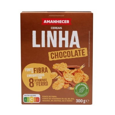 Caixa de cereais Amanhecer Linha Chocolate 300g com selo Nutri-Score e informações nutricionais
