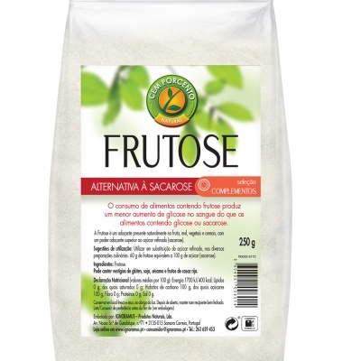 Pacote de frutose em pó de 250 g com rótulo informativo em português