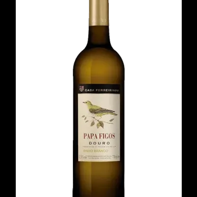 Garrafa de vinho branco Papa Figos CASA FERREIRINHA com rótulo branco e pássaro verde