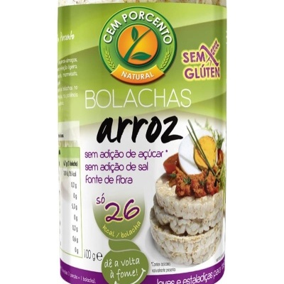 Pacote de bolachas de arroz Cem Porcento Natural sem glúten e baixo em calorias