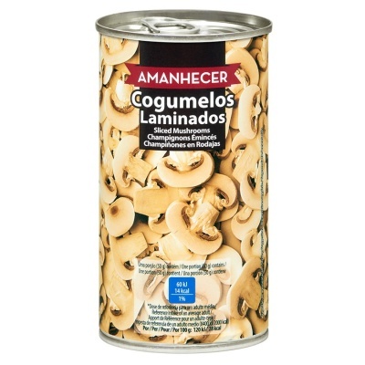Lata de cogumelos laminados da AMANHECER com imagem de cogumelos fatiados