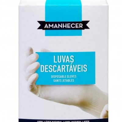 Embalagem de luvas descartáveis AMANHECER branca e azul com imagem de uma mão usando luva de látex.