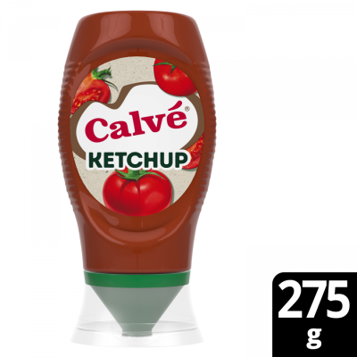 Frasco de ketchup Calvé 275 g com rótulo e imagens de tomates