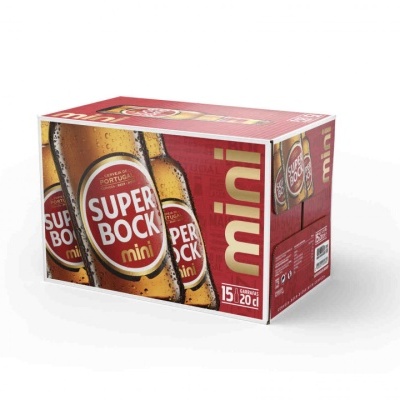 Caixa de cervejas Super Bock mini com rótulos vermelhos e amarelos