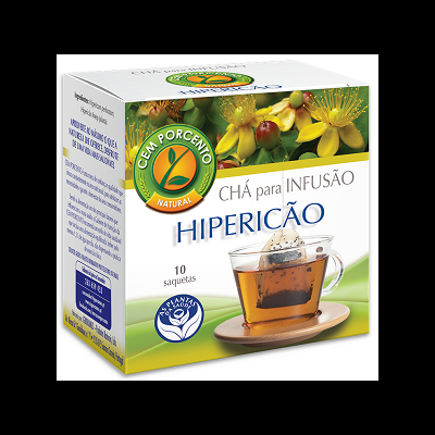 Caixa branca e verde de chá para infusão Hipérico com imagem de chávena e saqueta de chá