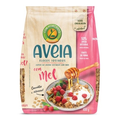 Pacote de aveia em flocos tostados com mel, com imagem de aveia com frutas vermelhas e mel