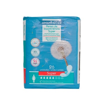 Embalagem azul de pensos de incontinência Amanhecer Super 26 unidades