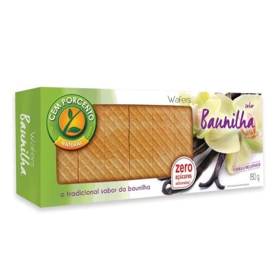 Caixa de wafers de baunilha com embalagem verde e branca e texto promocional.