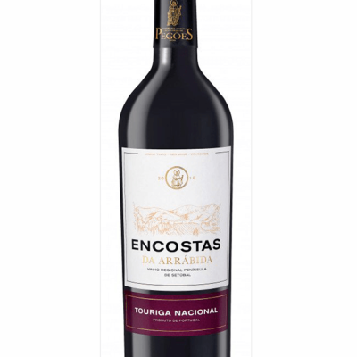 Garrafa de vinho tinto Encostas da Arrábida com rótulo branco e detalhe vinho