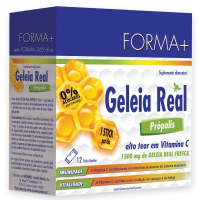Caixa do suplemento alimentar Geleia Real Própolis FORMA+, 12 sticks líquidos, com informações nutricionais e uso