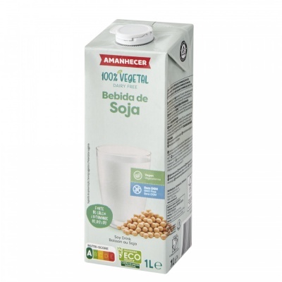 Embalagem branca de bebida de soja Amanhecer 100% vegetal com texto e imagem de soja