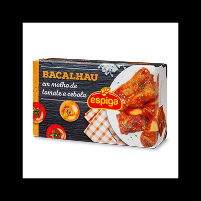 Embalagem de bacalhau em molho de tomate e cebola Espiga com imagem do prato