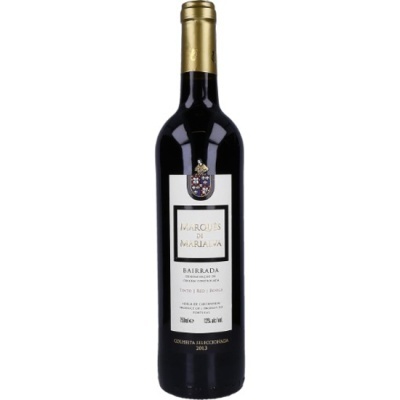 Garrafa de vinho tinto Marques de Marialva Bairrada com rótulo branco e tampa dourada