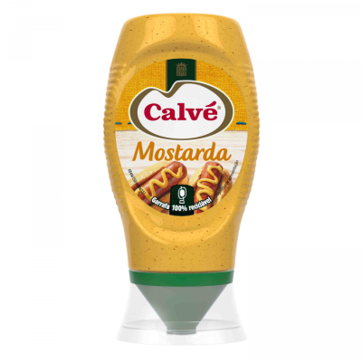 Frasco de mostarda Calvé amarelo com tampa verde