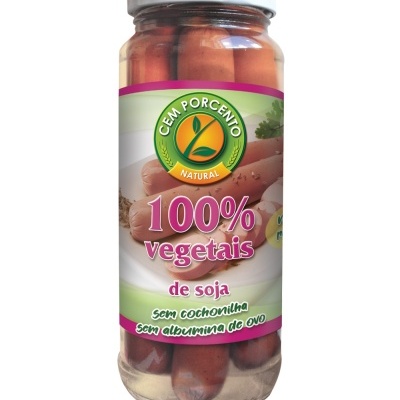 Frasco vidro de salsichas vegetais de soja etiquetado