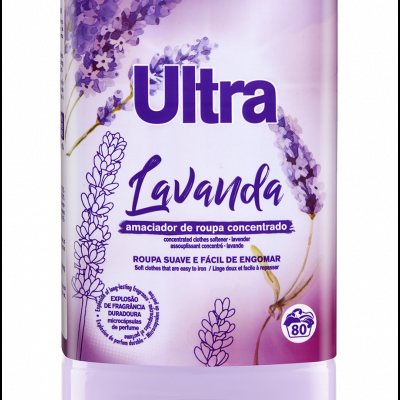 Frasco de amaciador de roupa concentrado Ultra Lavanda lilás com rótulo e tampa branca