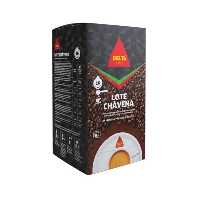 Embalagem de café Delta Lote Chávena com grãos de café e chávena ilustrada