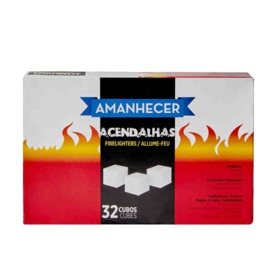 Caixa de acendalhas Amanhecer com 32 cubos, cores vermelho, branco e preto, decorada com chamas