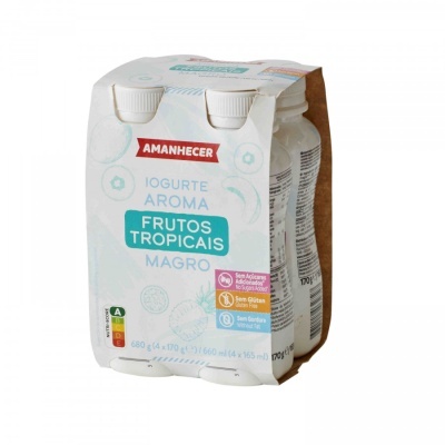 Pack de quatro iogurtes líquidos de frutos tropicais Amanhecer com rótulo branco e azul