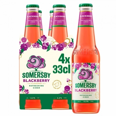 Pacote com 4 garrafas de Somersby Blackberry Cider, 33 cl, rótulo branco com amoras