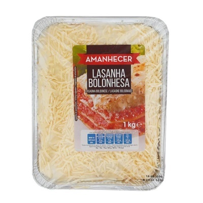 Embalagem de lasanha bolonhesa com queijo ralado da marca AMANHECER com 1 kg.