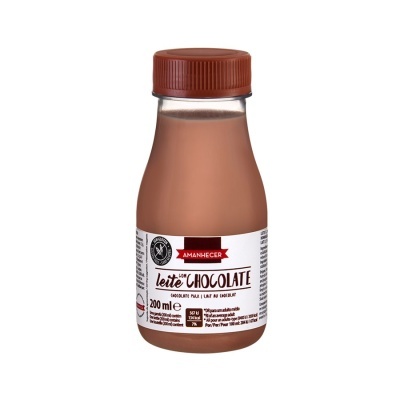 Garrafa de leite com chocolate AMANHECER 200 ml com tampa castanha e rótulo branco