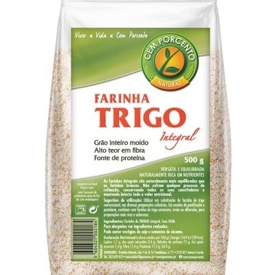Pacote plástico de farinha integral de trigo CEM PORCENTO NATURAL 500g