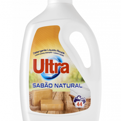 Frasco de detergente líquido para roupa Ultra Sabão Natural branco com tampa rosa