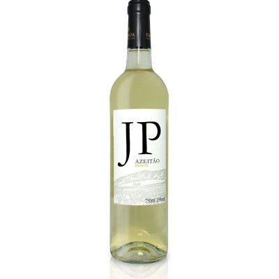 Garrafa de vinho branco JP Azeitão com rótulo branco e tampa preta