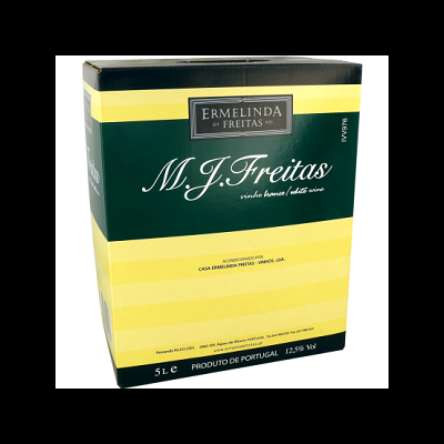 Caixa de vinho branco M.J. Freitas, 5 litros, verde escuro e amarelo.