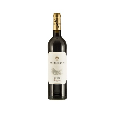 Garrafa de vinho tinto Montes Ermos Douro Reserva 2014 com rótulo branco