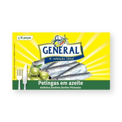 Embalagem de conservas de petingas em azeite da marca GENERAL com sardinhas e azeitonas na frente.
