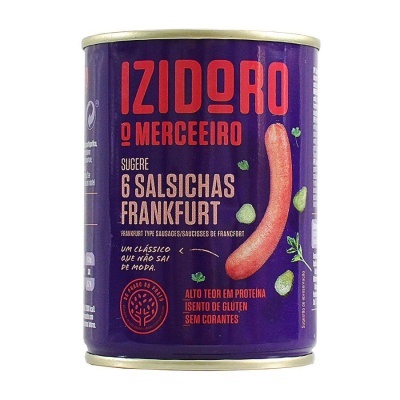 Lata de salsichas Frankfurt Izidoro O Merceeiro roxa com texto vermelho e branco