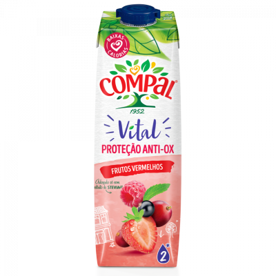 Pacote de sumo Compal Vital frutos vermelhos com embalagem branca e rosa e tampa azul