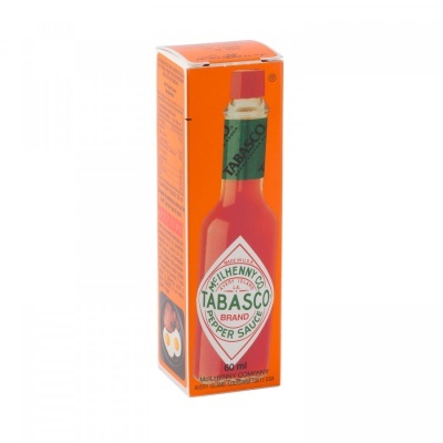 Embalagem laranja de molho de pimenta Tabasco com garrafa dentro