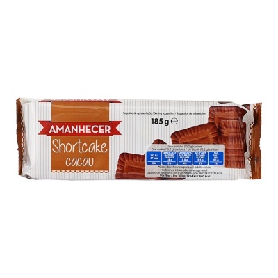 Pacote de bolachas Amanhecer Shortcake Cacau 185g com bolachas castanhas