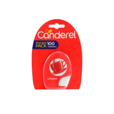 Embalagem Canderel vermelha com recipiente transparente e texto POCKET PACK 100 unidades