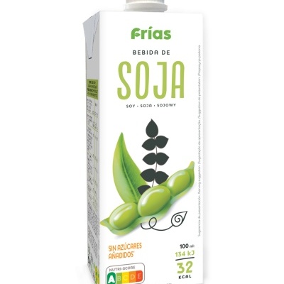 Embalagem cartonada branca de bebida de soja Frías com texto e imagem de vagens de soja