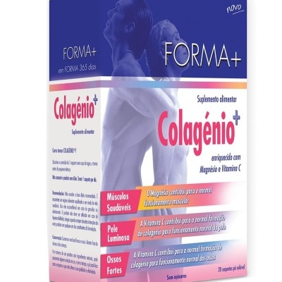 Embalagem do suplemento alimentar FORMA+ Colagénio+ com imagens de duas figuras humanas e texto sobre benefícios para músculos, pele e ossos
