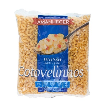 Pacote de massa cotovelinhos AMANHECER com etiqueta azul e vermelha