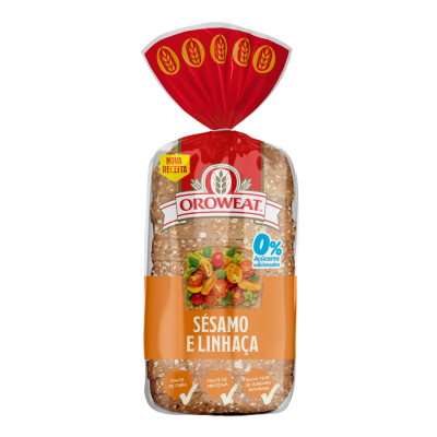 Pão de forma Oroweat Sésamo e Linhaça em embalagem plástica vermelha e transparente