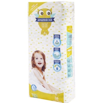 Pacote de fraldas Amanhecer Bebé tamanho 6 17-28 kg com bebé sorridente e ícones de funcionalidades