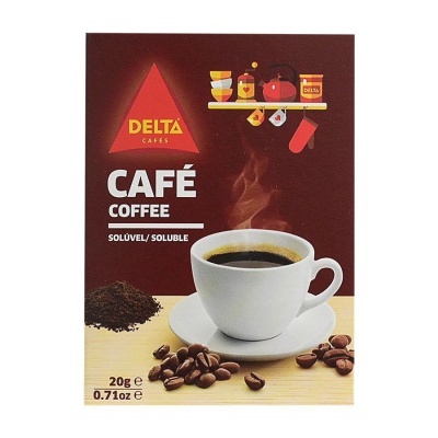 Embalagem de café solúvel Delta Cafés com chávena de café, grãos e pó