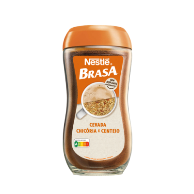 Frasco de Nestlé Brasa em pó com tampa laranja e rótulo branco e laranja.