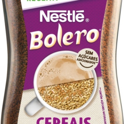 Frasco de Nestlé Bolero cereais e fibra com tampa rosa e rótulo roxo