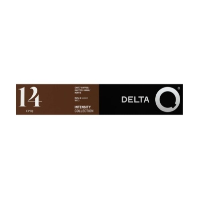 Embalagem de café Delta castanha e preta com texto branco e logotipo