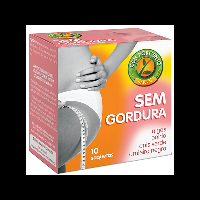 Caixa de chá CEM PORCENTO NATURAL SEM GORDURA com lista de ingredientes e imagem de pessoa com fita métrica