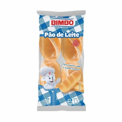 Pacote de pão de leite BIMBO com oito unidades, padrão xadrez azul e branco